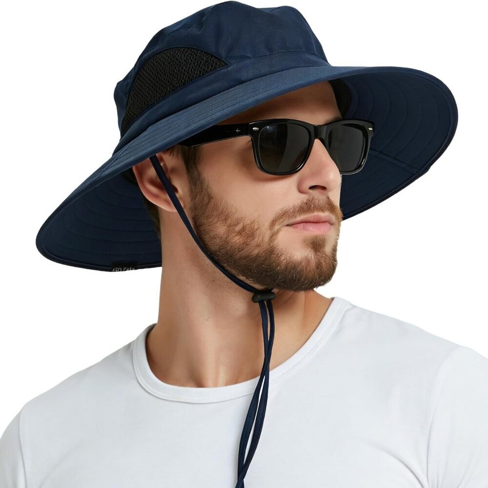 Unisex Navy Blue 100% Polyester Wide Brim Mesh Vents With Chin Strap Fishing Hat